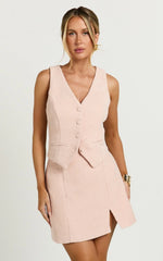 Iggy Mini Skirt - High Waist Split Boucle Skirt in Pink