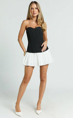 Deb Mini Dress - Strapless Sweetheart Contrast Bodice Pleated Dress in White/Black