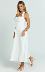 Karissa Midi Dress - Halter Neck Fitted Bodice Midi Soft A Line Skirt Dress in White