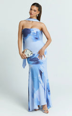 Angie Maxi Dress - Strapless Bias Column Dress with Scarf in Blue Print