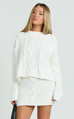 Marge Mini Skirt - High Waisted Cable Knit Mini Skirt in White