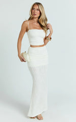 Kayrene Two Piece Top and Skirt Set - Straight Neck Top And Ruched Low Rise Maxi Skirt in Cream