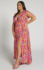 Dyliah Maxi Dress - Thigh Split Frill Shoulder Plunge Neck Dress in Spring Floral