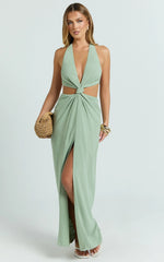 Brooklyn Maxi Dress - Halter Neck Knot Detail Front Split Maxi Dress in Sage