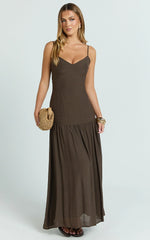 Collins Maxi Dress - V Neck Dropped Waist Gathered Maxi Dress in Chocolate