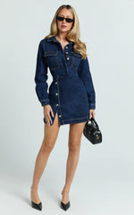 Ainsley Mini Dress - Button Through Long Sleeve Denim Dress in Dark Blue