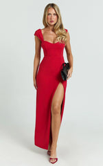 Gabrielle Maxi Dress - Cap Sleeve Sweetheart Neck Bodycon Dress in Red