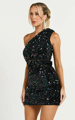 Lucy Mini Dress - One Shoulder Sequin Mini Dress in Black