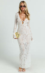 Paula Maxi Dress - Lace V Neck Long Sleeve Column Dress in White