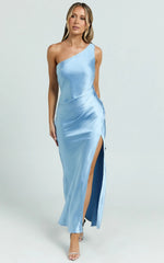 Isla Maxi Dress - Satin One Shoulder Side Split Dress in Blue