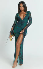 Katie Maxi Dress - Ruffle Plunge Neck Long Sleeve Dress in Green