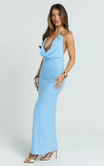 Farah Maxi Dress - Textured Jersey Plunge Bodycon Dress in Light Blue