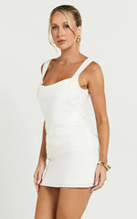 Kat Mini Dress - Linen Square Neck Dress in Off White