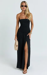 Harlee Maxi Dress - Strapless Drop Waist Knit Bodice Full Gathered Skirt Dress in Black