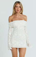 Raymond Mini Dress - Off Shoulder Long Sleeve Fitted Dress in Ivory