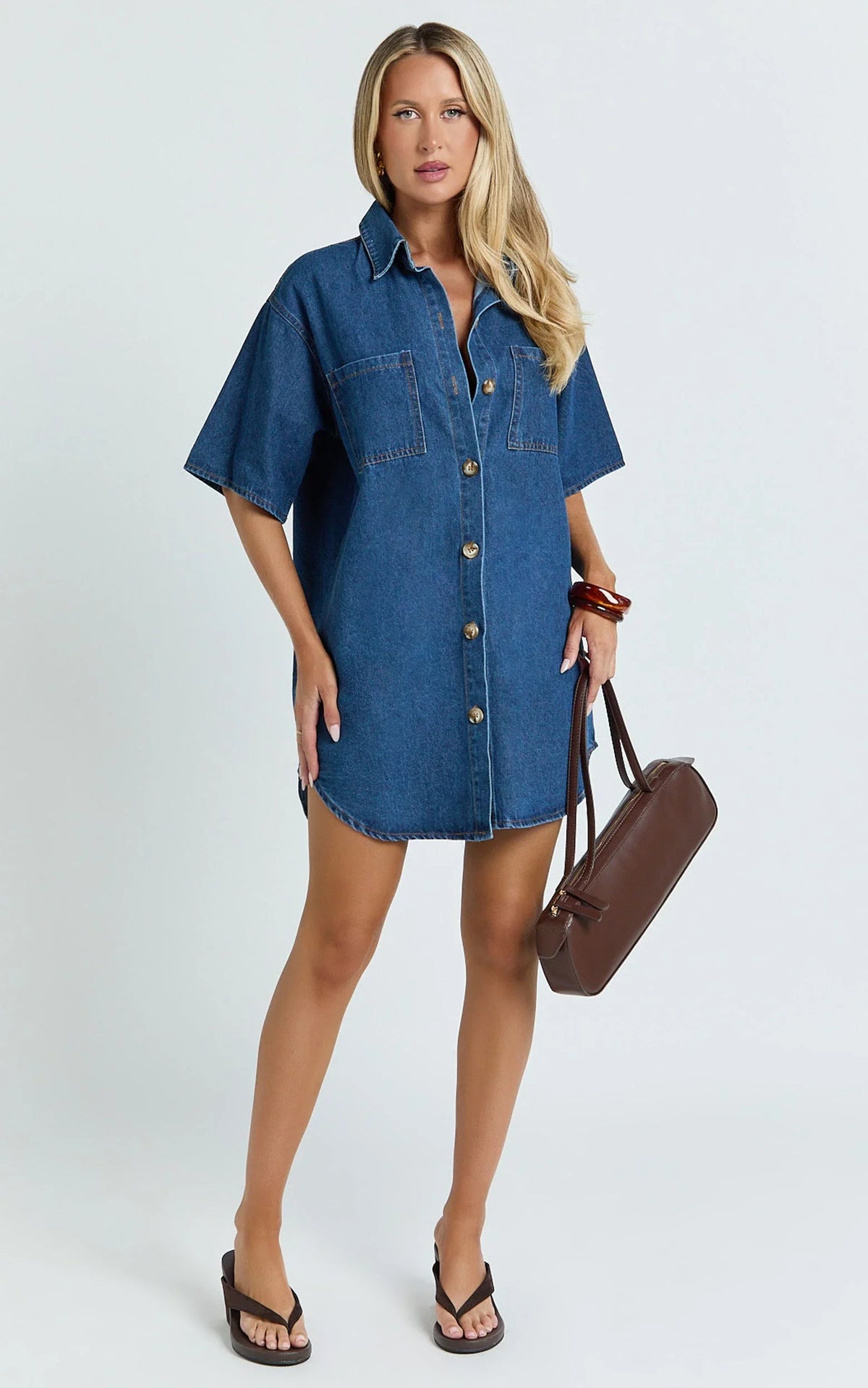 Richelle Mini Dress - Short Sleeve Denim Shirt Dress in Mid Blue