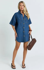 Richelle Mini Dress - Short Sleeve Denim Shirt Dress in Mid Blue