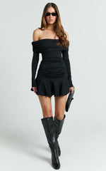 Ophelia Mini Dress - Off Shoulder Flip Skirt Jersey Ruched Dress in Black
