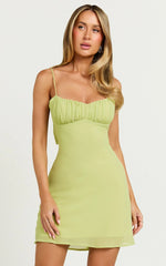 Renjean Mini Dress - Adjustable Strap Ruched Bust Dress in Lime
