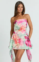Edwina Mini Dress - Strapless Asymmetric Flounce Hem Dress in Abstract Floral