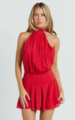 Bryonie Mini Dress - Backless Halter Dress in Red