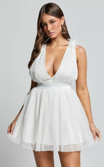 Mariabella Mini Dress - Tulle Plunge Dress in White