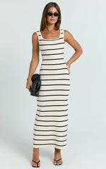 Lucille Maxi Dress - Sleeveless Striped Sweater Dress in Cream / Black Stripe