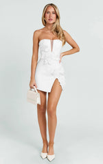 Dolores Mini Dress - Strapless Plunge Bodycon Leg Split Dress in White