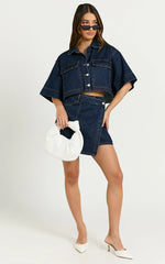 Katherine Mini Skirt - Cross Front Recycled Denim Skirt in Dark Blue Wash