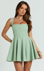 Harmony Mini Dress - Wide Strap Square Neck Fit And Flare Dress in Sage