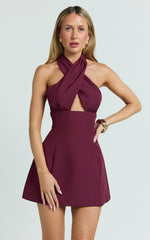 Narcisa Mini Dress - Twist Neck Keyhole A Line Dress in Wine