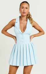 Hannah Mini Dress - Tailored Button Down Pleated Mini Dress in Blue