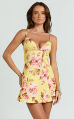 Marianna Mini Dress - Floral Print V Neck Fit and Flare Dress in Yellow
