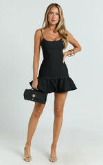 Sammie Mini Dress - Scoop Neck Hem Frill Fitted Dress in Black