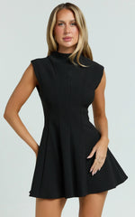Becky Mini Dress - High Neck Sleeveless Fit And Flare Dress in Black