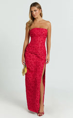 Berri Maxi Dress - Strapless Jacquard High Split Dress in Red