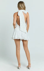 Bryonie Mini Dress - Backless Halter Dress in Ivory With Black Polka Dot