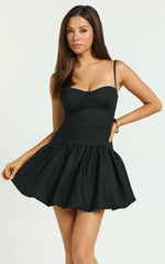 Kacey Mini Dress - Textured Drop Waist Bubble Hem Dress in Black