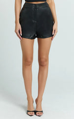 Braelyn Shorts - Faux Leather Mid Waisted Mini Shorts in Black