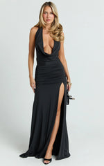 Janice Maxi Dress - Plunge Cowl Halter High Leg Split Dress in Black