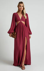 Paige Maxi Dress - Side Cut Out Balloon Sleeve Dress in Mulberry