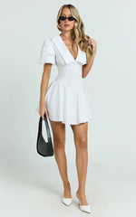 Lucy Mini Dress - Deep V Oversized  Collar Puff Sleeve A Line Dress in White