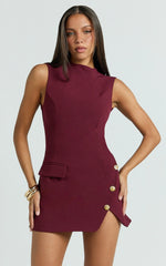 Langley Mini Dress - Sleeveless High Neck Faux Wrap Tulip Dress in Wine