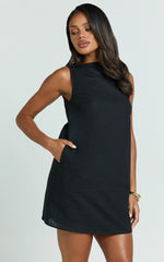 Hughes Mini Dress - Linen Look A Line Shift Dress in Black