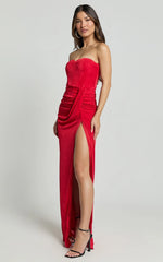 Brydie Maxi Dress - Strapless Corset Draped High Split Dress in Red