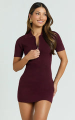 Gabriel Mini Dress - Short Sleeve Polo Knit Mini Dress in Cherry Liqueur