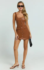 Nami Mini Dress - Faux Leather Square Neck Gold Button Dress in Camel