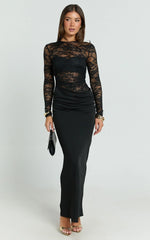 Crisanta Maxi Dress - Long Sleeve Contrast Lace Bodycon Dress in Black