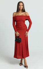Perla Maxi Dress - Off The Shoulder Sleeve Drop Waist Dress in Red