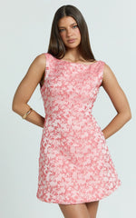 Courtney Mini Dress - Boat Neck Fit and Flare Dress in Pink